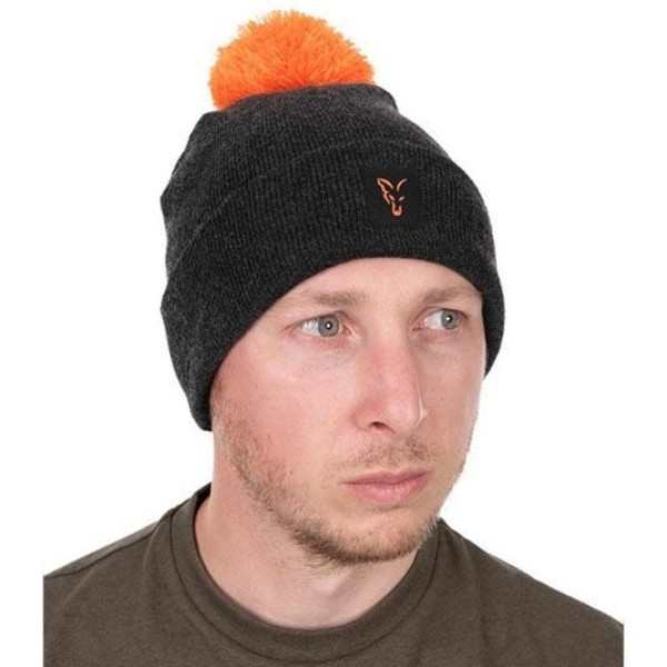 Fox Collection Bobble Hat Black & Orange - Téli sapka