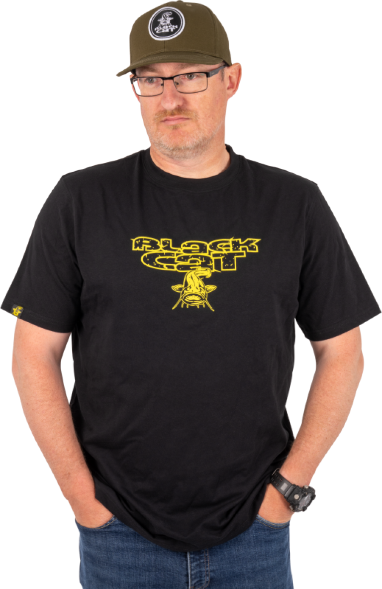 Black Cat Distressed Logo Black Tee - Póló